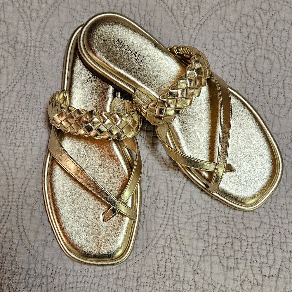 MICHAEL KORS Alba Braided Metallic Slide Sandals. NWT
